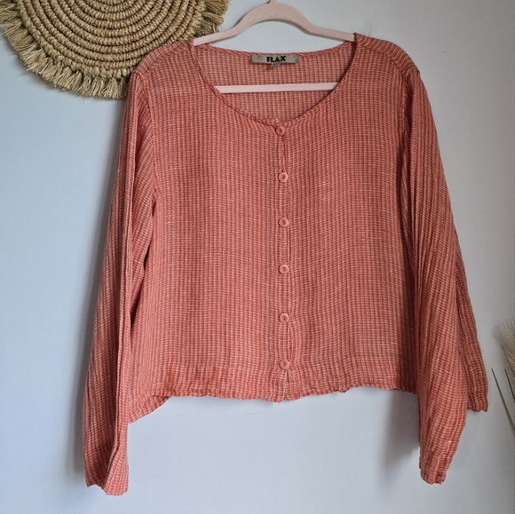 FLAX, Coral Textured Linen Button Front Cardigan Topper Shirt, Size Medium - Picture 9 of 9